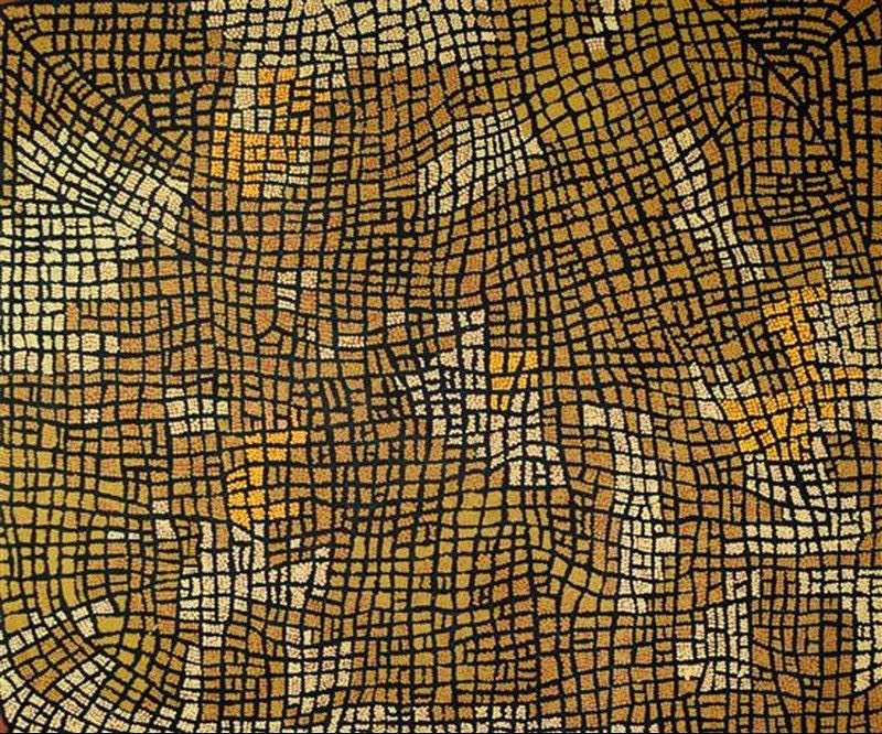Naata Nungurrayi painting Untitled (Marrapinti) (2008), depicting ceremonial rockhole sites, bush raisin grounds and sweeping sandhills in warm ochre, orange, cream and black.
