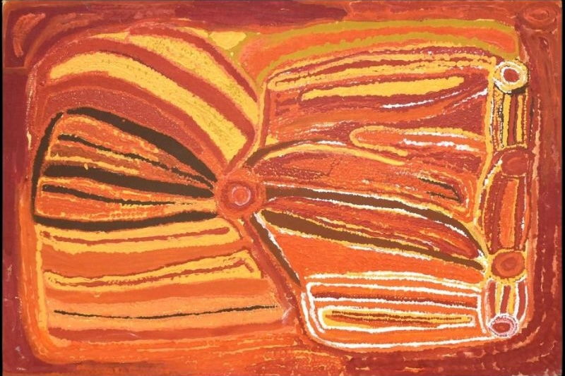 Karri Karri Rockhole near the Canning Stock Route by Eubena Nampitjin, 1997 acrylic painting from Balgo, Western Australia.