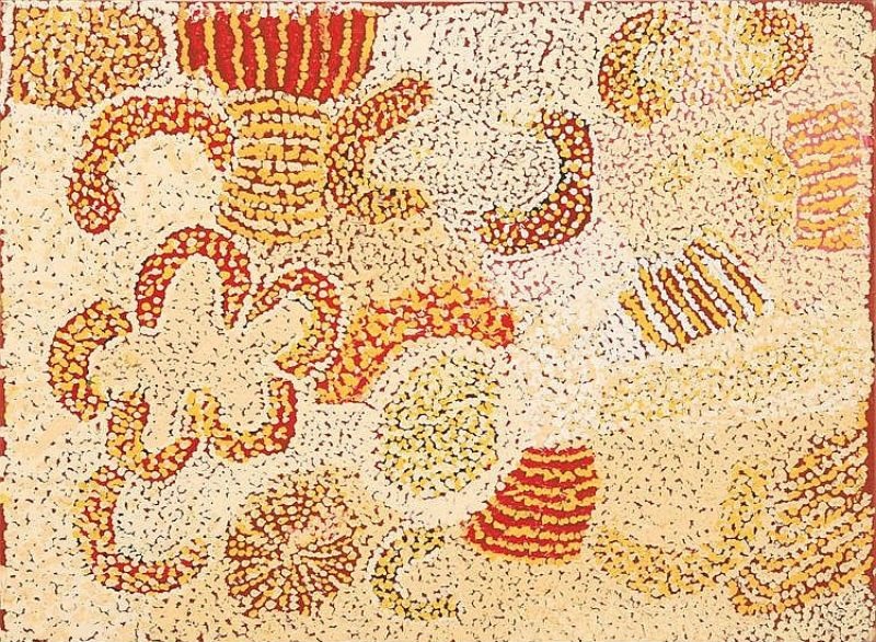 Parwalla (My Father's Country) (2003) by Elizabeth Nyumi, acrylic on linen in white, cream, pale ochre, yellow, orange, red, burgundy and brown depicting the sandhills, spinifex and bush food Country of Parwalla in the Great Sandy Desert.