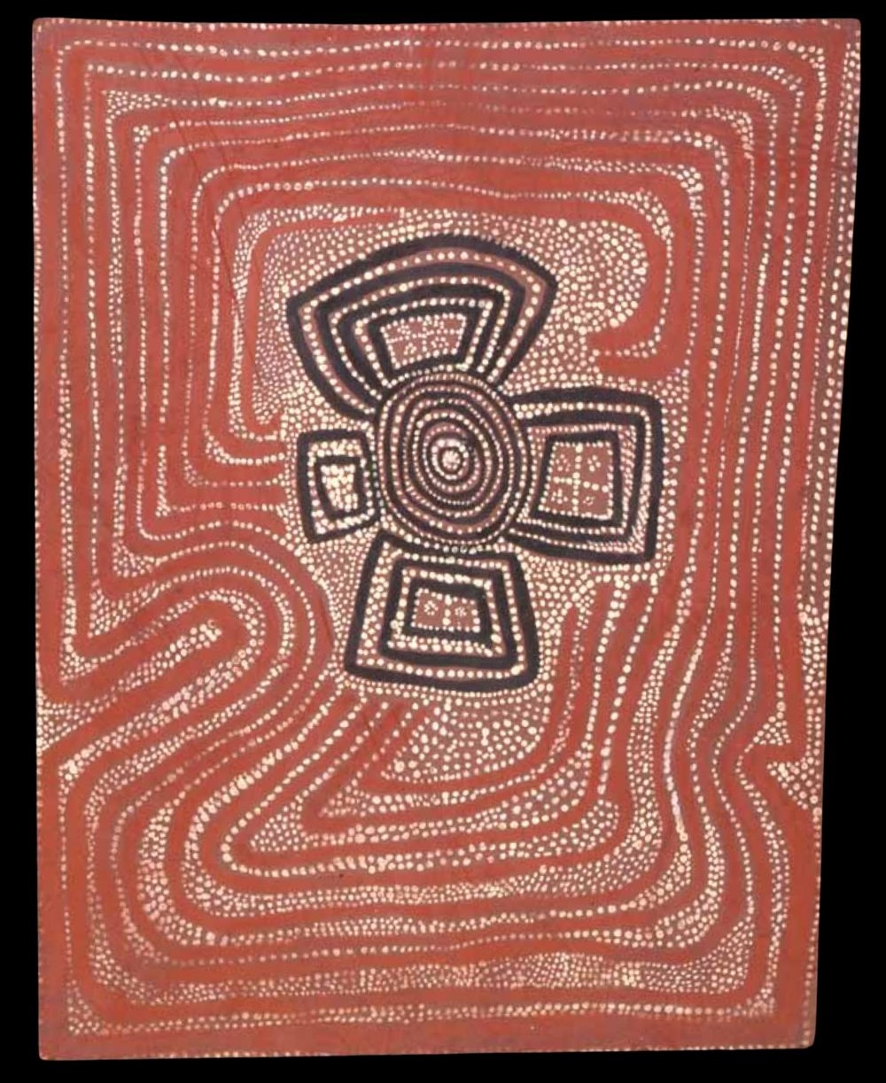 Snake Dreaming at Lake Macdonald painted by Nosepeg Tjupurrurla on a composition board at Papunya around 1971–72 during the early Western Desert Art movement.