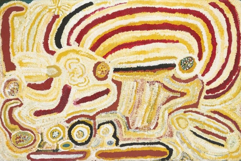 Wirripi Rockhole Near Kiwirrkurra (1998) by Elizabeth Nyumi, synthetic polymer paint on linen depicting the Wirripi rockhole, surrounding sandhills and ancestral Country in the Great Sandy Desert.