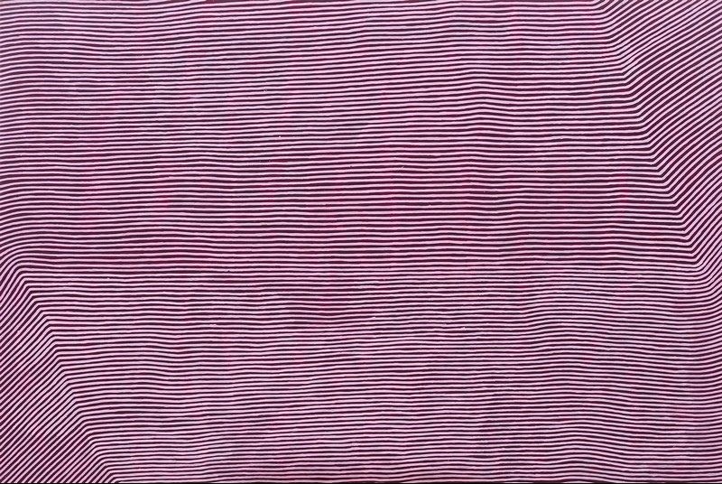 George Tjungurrayi Tingari Mamuttjullwlnga 2006 painting with fine deep purple parallel lines flowing across a pale lavender background