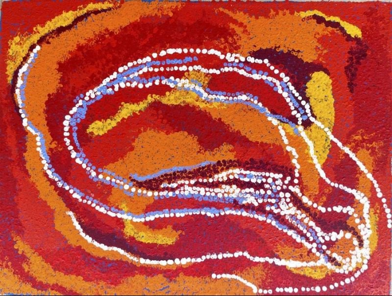 My Country (2014) by Tommy Watson, acrylic on linen featuring sweeping white and pale blue ancestral lines across rich red, orange and ochre fields.