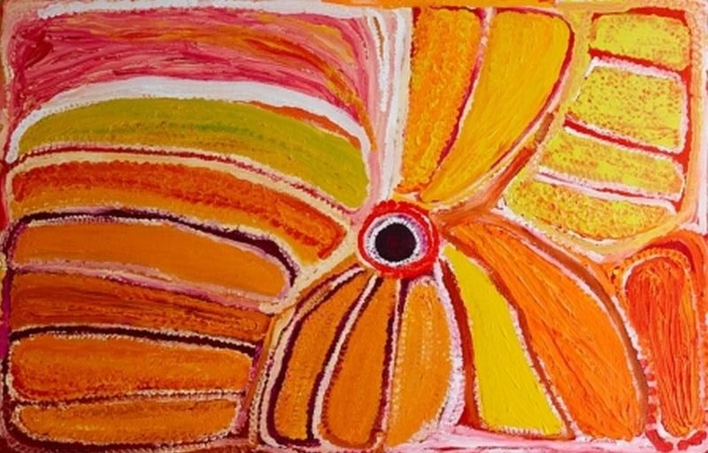 Kinyu by Eubena Nampitjin showing a central dark waterhole surrounded by sweeping yellow, orange and pink sandhill forms with white dotted contours.