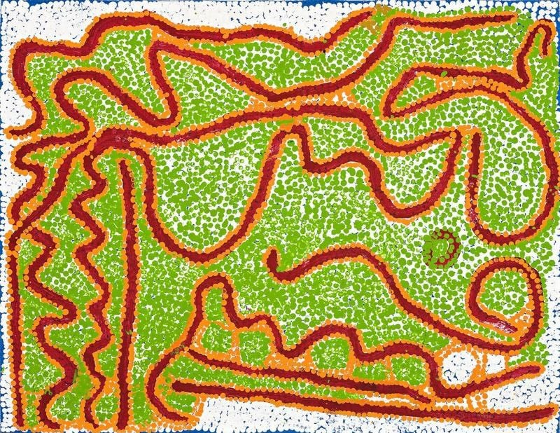 Ngarunga (2003) by Tommy Watson, synthetic polymer paint on linen with vivid green, white, orange and red dotted pathways forming an abstract map of Country.