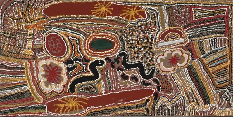 Untitled (1992) by Elizabeth Nyumi, acrylic on linen depicting interconnected rockholes, travelling lines and bush food sites in the early Balgo painting style.