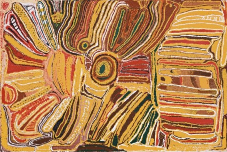 Millagudoo in the Great Sandy Desert by Eubena Nampitjin, 1995 acrylic painting from Balgo, Western Australia