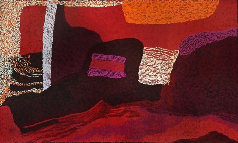 Wipu (2015) by Tommy Watson, acrylic on Belgian linen with deep maroon, crimson and ochre fields interrupted by white and purple dotted forms representing ancestral Country.