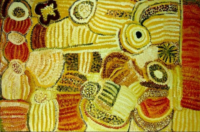 Minjali, Near Kiwirrkurra, WA (1999) by Elizabeth Nyumi, synthetic polymer paint on linen depicting bush seed Country, sandhills and rockholes in the Great Sandy Desert.