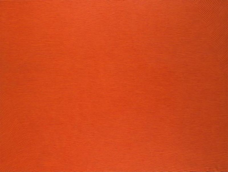 George Tjungurrayi Claypan Site of Mamultjulkulnga – Lake Mackay 2001 Papunya Tula painting with thousands of fine reddish-brown parallel lines flowing across a vivid orange background