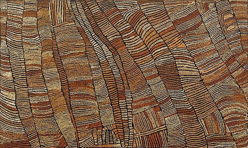 Naata Nungurrayi painting Marrapinti (2005), featuring monumental flowing bands of ochre, terracotta, cream and black representing the rolling sandhills of the Western