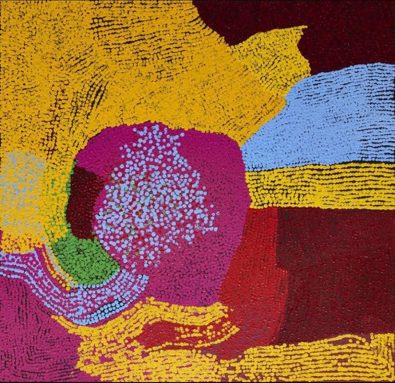 Umutju (2006) by Tommy Watson, acrylic on canvas featuring vivid fields of ochre, crimson, magenta, pale blue and green with bold abstract forms representing Umutju Country.