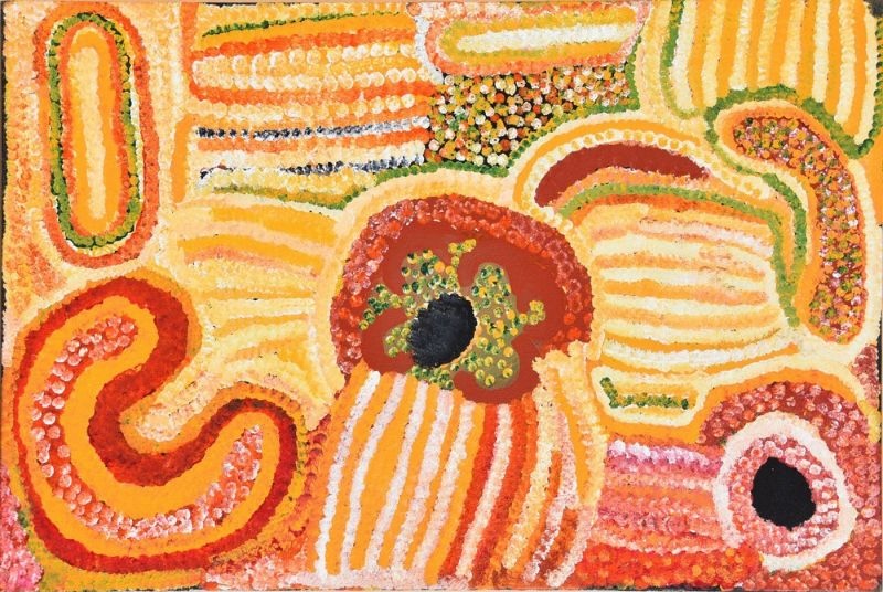 Parwalla, Near Kiwirrkurra, WA (1998) by Elizabeth Nyumi, synthetic polymer paint on linen depicting sand dunes, bush food sites and ancestral Country in the Great Sandy Desert.