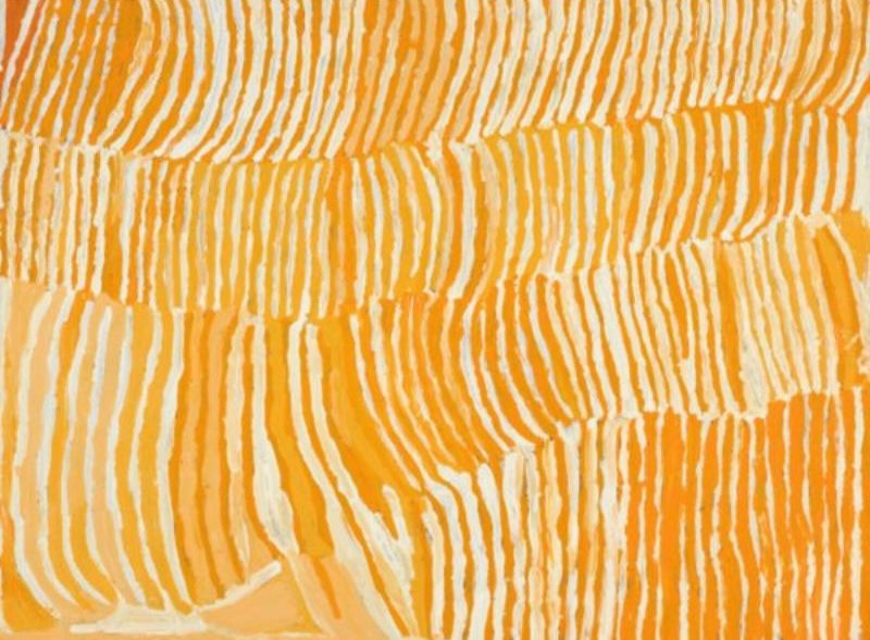 The Rockhole Site of Lupulnga by Makinti Napanangka, 2002, synthetic polymer paint on linen, 120 × 90 cm.