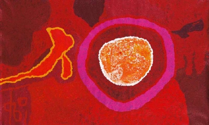 Walawuru Tjukurpa (Eagle Dreaming) (2012) by Tommy Watson, synthetic polymer paint on Belgian linen featuring a radiant orange concentric form surrounded by crimson and violet fields with ochre ancestral pathways.