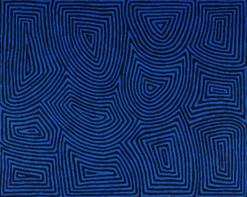 George Tjungurrayi Tingari Cycle at Paykapungkunya 1999 Papunya Tula painting with black geometric Tingari forms on a deep cobalt blue background