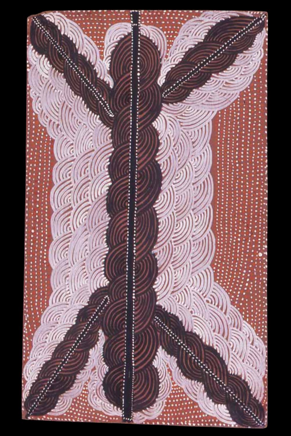 Early Papunya Board by David Corby Tjapaltjarri depicting Wallaby Dreaming, painted on composition board with acrylic paint, c. 1972.