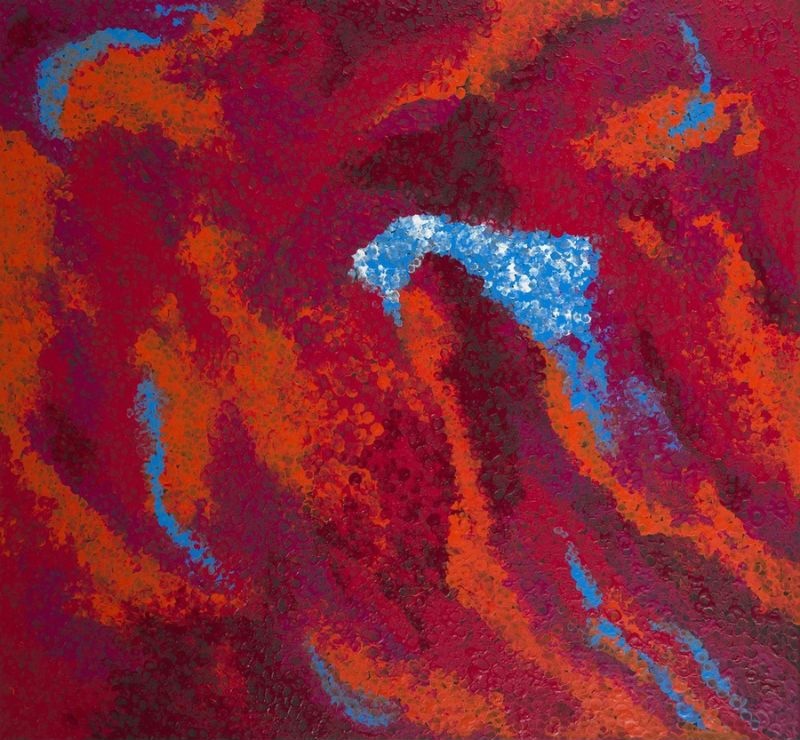 Untitled (2017) by Tommy Watson, synthetic polymer paint on canvas featuring vibrant crimson, magenta, orange and electric blue abstract forms representing the artist's ancestral Pitjantjatjara Country.