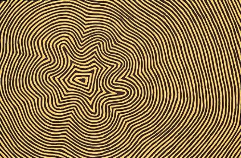George Tjungurrayi Untitled 1996 Papunya Tula painting with flowing black parallel lines surrounding a central yellow star-shaped rockhole