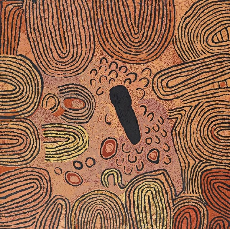 Marrapinti (2000) by Naata Nungurrayi, synthetic polymer paint on linen depicting the sacred women's site through flowing sandhill motifs, rockholes and finely layered dotting.