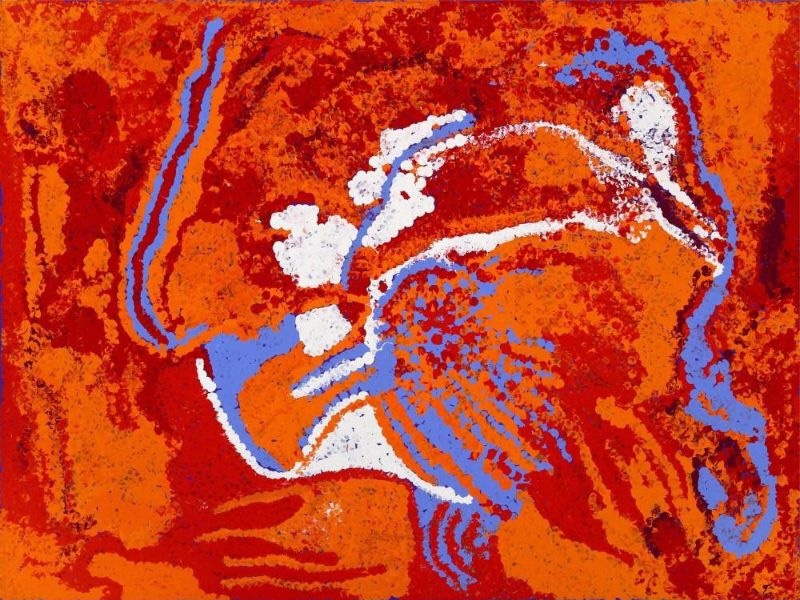 Ngayuku Ngura (My Country) (2013) by Tommy Watson, acrylic on canvas featuring vibrant orange, crimson, white and pale blue abstract forms representing the artist's ancestral Country.