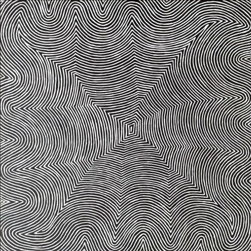 George Tjungurrayi Tingari Cycle 2009 painting with bold black parallel lines radiating from a central geometric Tingari site on a white background