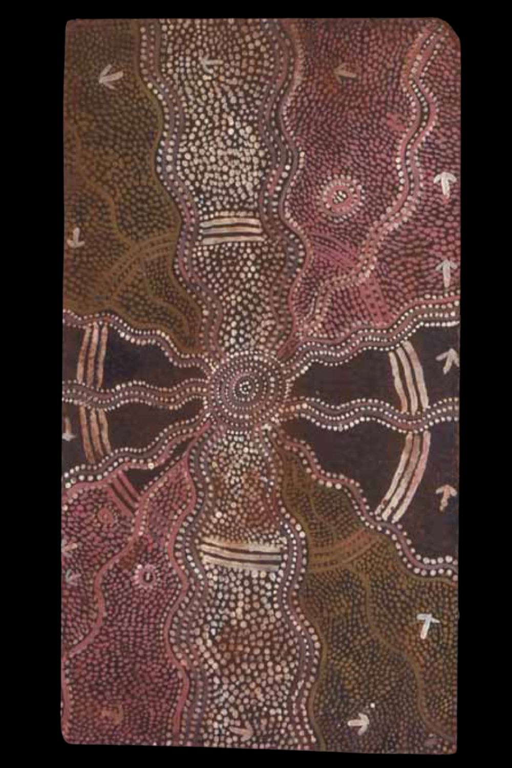 Emu Dreaming Papunya Board by Dinny Nolan Tjampitjinpa, c.1972–1973, depicting Emu Dreaming through concentric circles, emu tracks, and Aboriginal dot painting from the Western Desert.