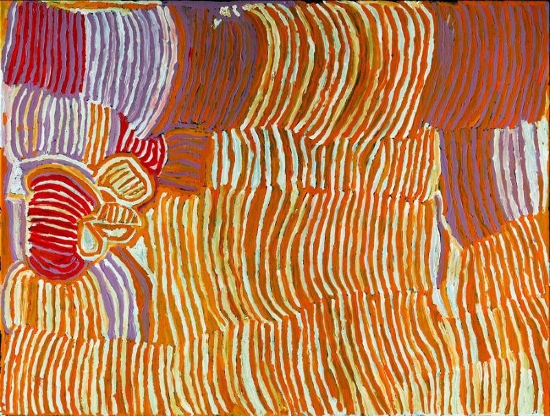 Untitled (Rockhole Site of Lupulnga) by Makinti Napanangka, 2001, synthetic polymer paint on canvas, 122 × 91 cm.