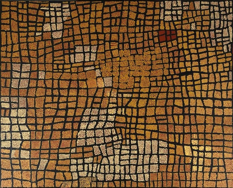 Naata Nungurrayi painting Marrapinti (2002), featuring an intricate network of ochre, cream and white dotted ceremonial pathways across a black ground representing the Marrapinti site in Pintupi Country.