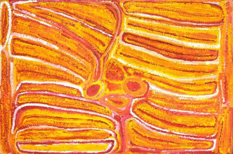Midjul by Eubena Nampitjin, 1999 acrylic painting depicting Country in the Great Sandy Desert, Western Australia.