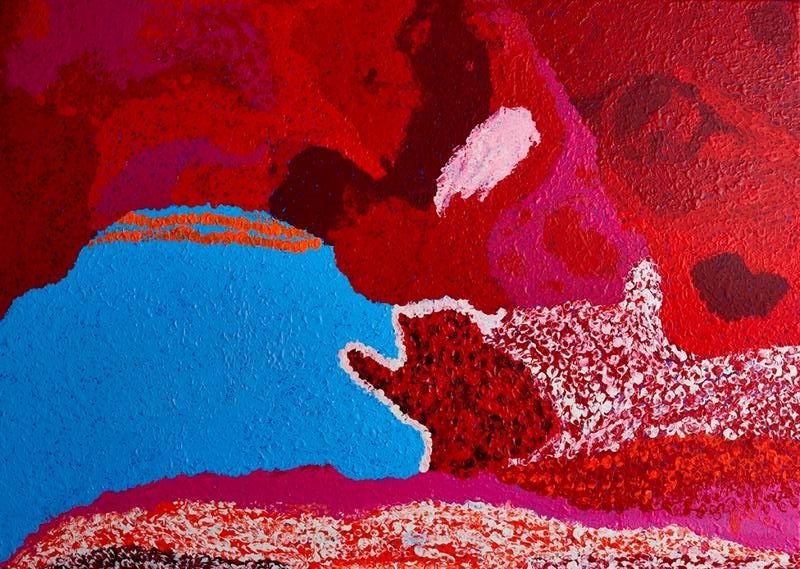 Iyarka Waterhole (2012) by Tommy Watson, acrylic on linen featuring bold crimson, magenta, white and turquoise-blue abstract forms representing the sacred Iyarka Waterhole.