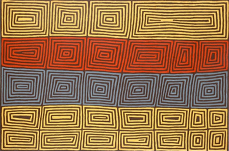 George Tjungurrayi Rockhole Site of Kurrilnga 1997 Papunya Tula painting with geometric rockholes in yellow, red and blue arranged in horizontal bands