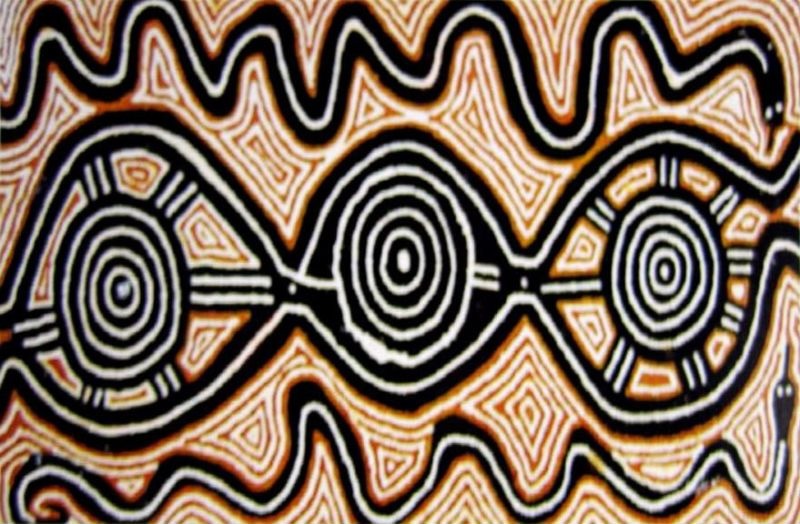 Snake Dreaming by Warlimpirrnga Tjapaltjarri, 1990, synthetic polymer paint on composition board depicting the travels of the Snake Ancestors between Kiwirrkurra and Wilkinkarra through concentric circles and sinuous lines.