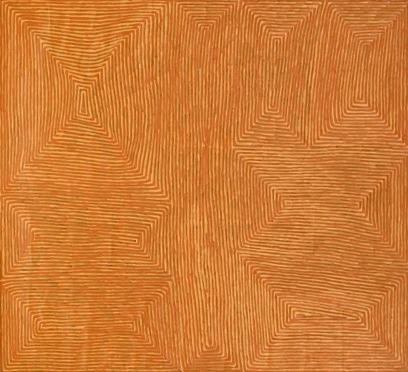 George Tjungurrayi Tingari 2004 Papunya Tula painting with fine golden-brown parallel lines forming geometric Tingari sites on a warm ochre background