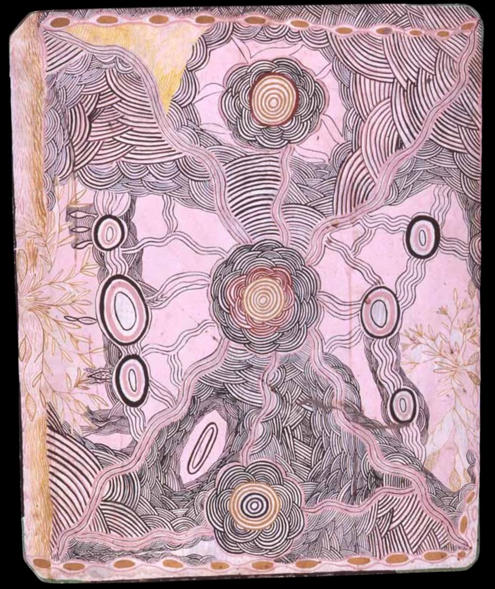 Wild Potato Dreaming Papunya Board attributed to Billy Stockman Tjapaltjarri, Australian Museum collection, c. 1971–1972.