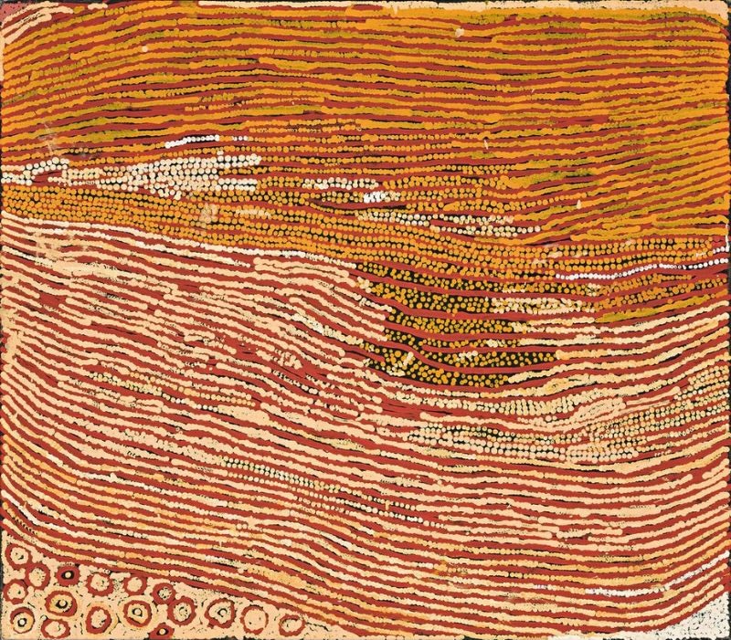 Naata Nungurrayi painting Untitled (2004), depicting sweeping horizontal sandhill bands in ochre, terracotta, cream and white with a cluster of ceremonial motifs in the lower corner.