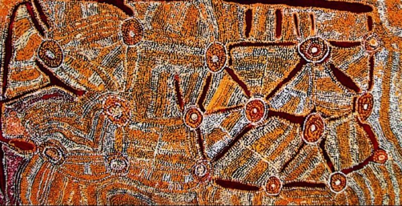 Artist's Country (1990) by Eubena Nampitjin depicting interconnected waterholes, travelling paths and ceremonial sites in the Great Sandy Desert.