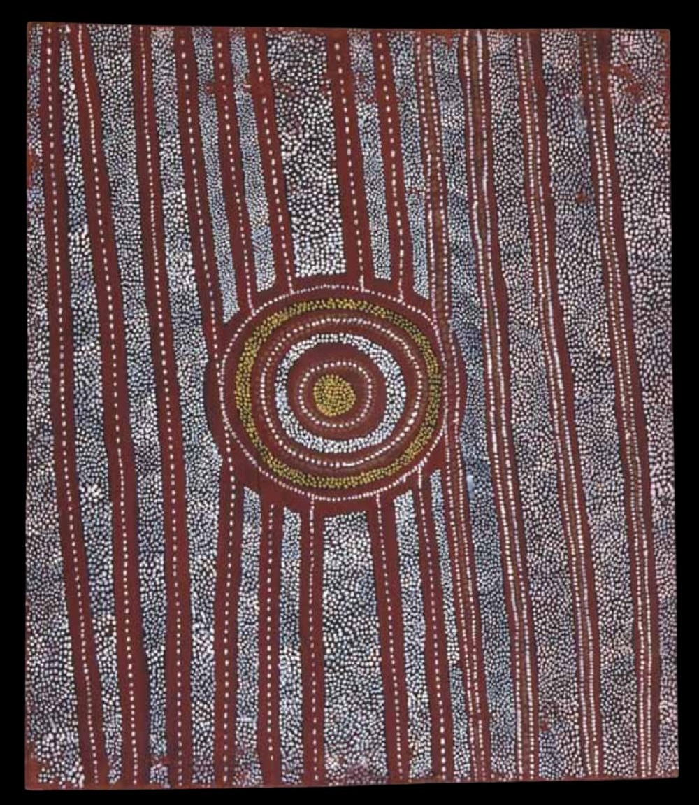 Homeland Dreaming Papunya Board attributed to Anatjari Tjakamarra No. 3, 1972–1973, showing concentric circles, parallel lines and Aboriginal dot painting representing a Western Desert landscape.