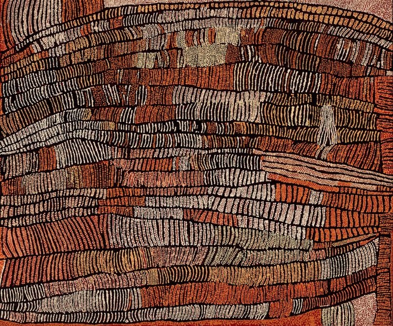 Naata Nungurrayi painting Marrapinti (2004), featuring broad horizontal bands of ochre, terracotta, cream and black representing the rolling sandhills of Marrapinti in Pintupi Country.