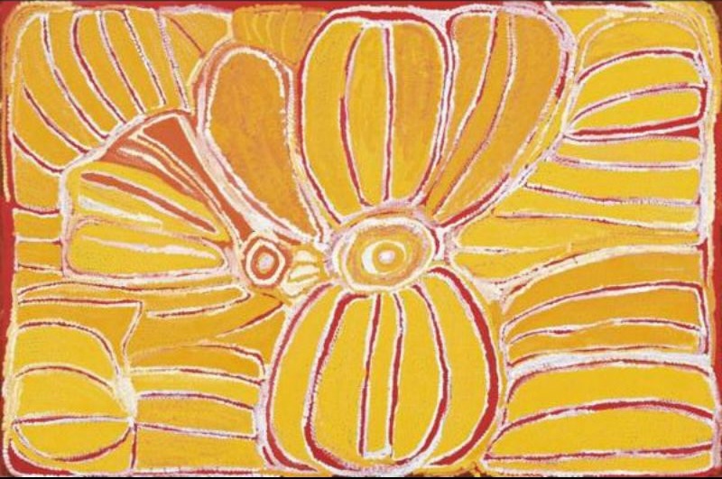 Piritjarri by Eubena Nampitjin showing radiant yellow and ochre sandhill forms radiating from central waterholes with white dotted contours in the Balgo painting style.