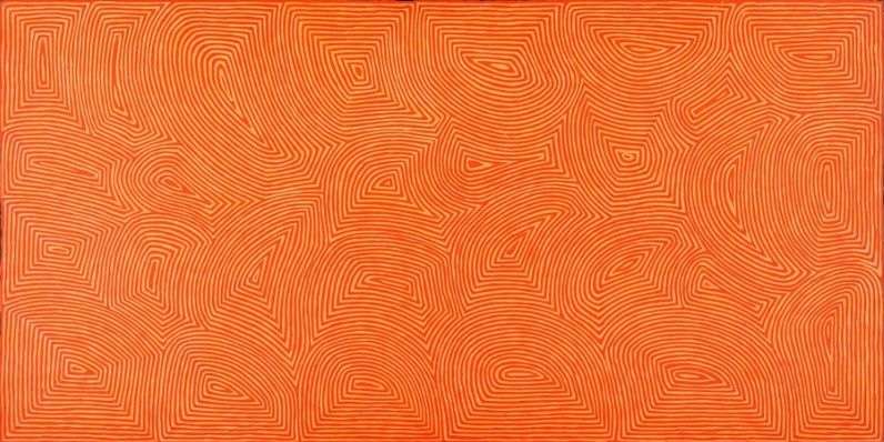 George Tjungurrayi Mamultjulkunga 1999 Papunya Tula painting with fine reddish-orange parallel lines forming geometric Tingari sites on a bright orange background
