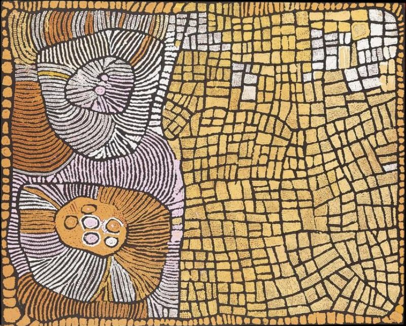 Untitled (Designs Associated with the Rockhole Site of Karrilwarra) (2000) by Naata Nungurrayi, depicting the Karrilwarra rockholes and surrounding sandhills through flowing abstract forms and geometric patterns.
