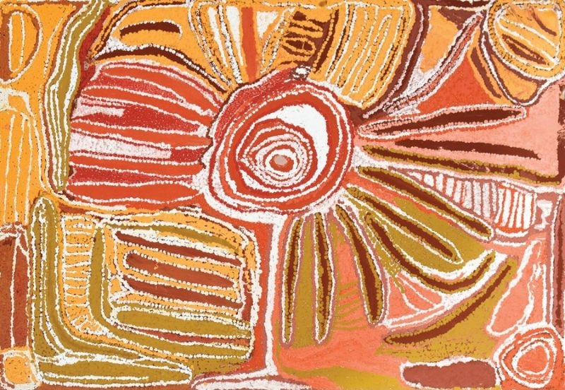Ladingburra Soak in the Great Sandy Desert by Eubena Nampitjin, 1995 acrylic painting from Balgo, Western Australia.