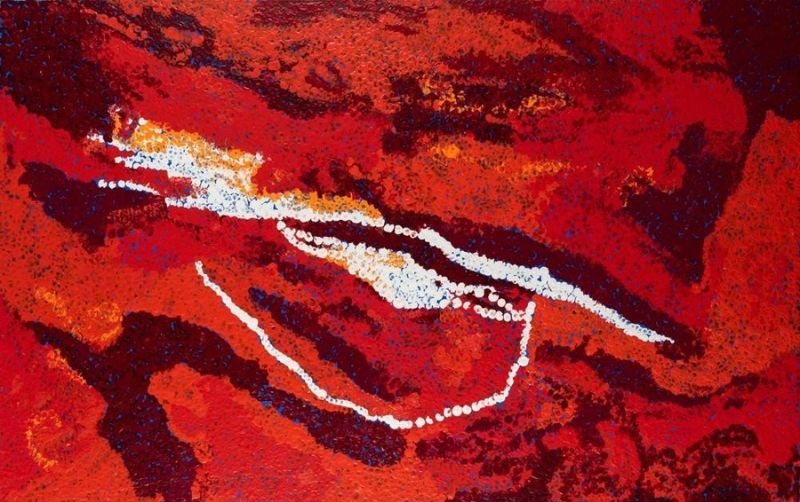 Artilanja (My Country) (2012) by Tommy Watson, synthetic polymer paint on canvas featuring luminous crimson and burgundy colour fields intersected by flowing white dotted pathways in an abstract depiction of Western Desert Country.