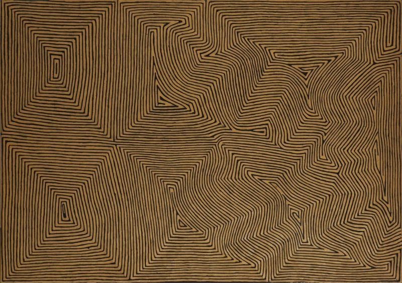George Tjungurrayi Tingari 2005 painting with fine black parallel lines forming interconnected geometric Tingari sites on a warm ochre background