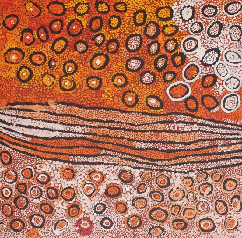 Naata Nungurrayi painting Untitled (Designs Associated with the Rockhole and Soakage Water Site of Marrapinti) (2003), featuring parallel sandhill bands dividing fields of concentric ceremonial motifs in ochre, white, black and terracotta.