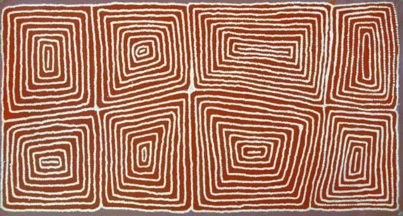 Tingari by Warlimpirrnga Tjapaltjarri, 2002. A horizontal painting in warm terracotta red and cream. Eight large rectangular motifs fill the canvas in two rows of four, each built from concentric cream dotted lines spiralling towards a central rectangle. The bold geometric forms resemble aerial views of ceremonial places or desert rockholes, creating a simple yet powerful rhythmic composition.