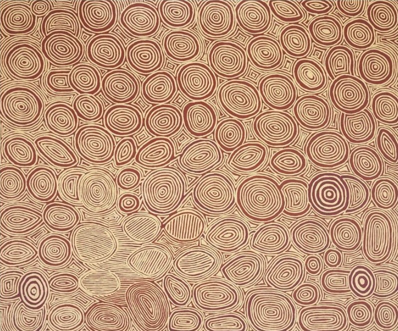 George Tjungurrayi Untitled (Claypan Site of Kirrimalunya) 2002 Papunya Tula painting with cream and reddish-brown concentric circles and oval Tingari sites across a pale cream background