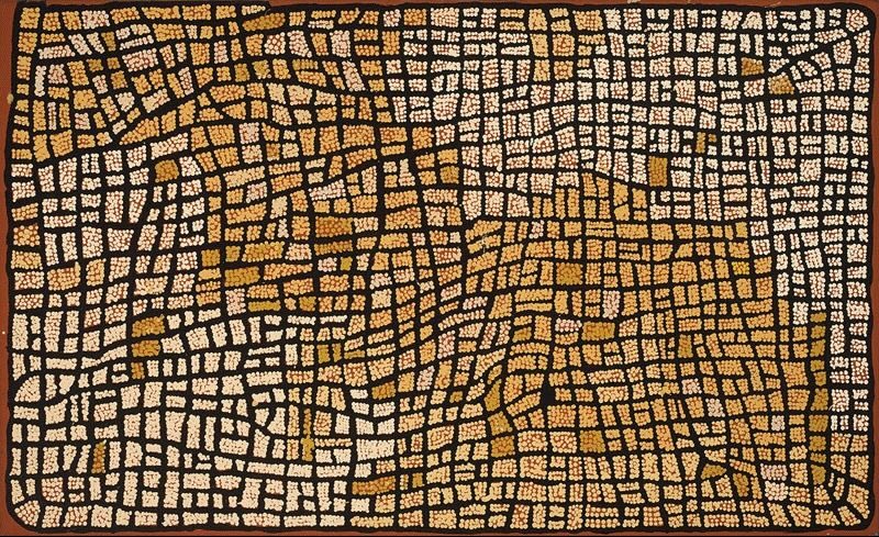 Naata Nungurrayi painting Women at Marrapinti (2001), featuring an intricate network of cream and ochre dotted lines on a black ground representing women's ceremonial paths associated with the Marrapinti site.