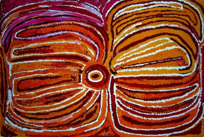 Tilla Rockhole near the Canning Stock Route by Eubena Nampitjin, 1997 acrylic painting from Balgo, Western Australia.